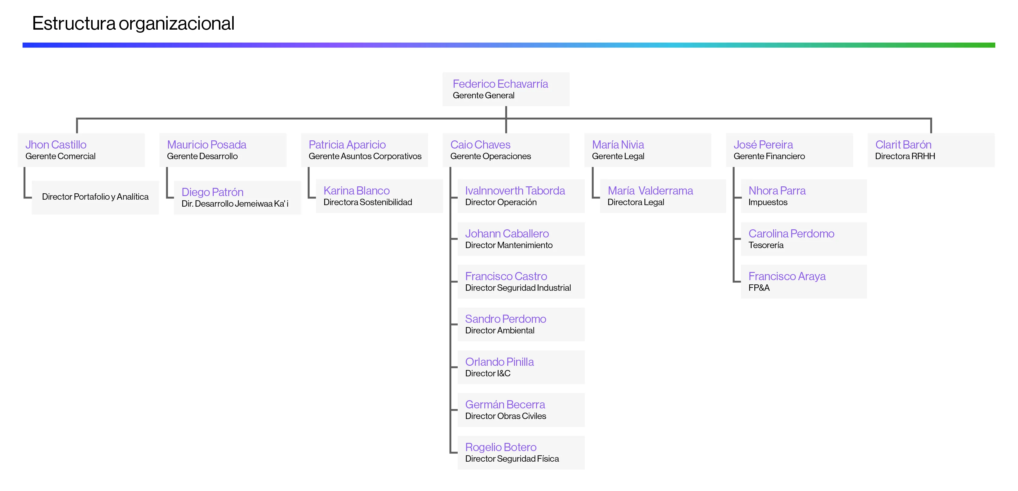 Organizational structure chart showing hierarchical positions including General Manager, department managers for commercial, development, corporate affairs, operations, legal, finance, human resources, and their respective directors and roles.