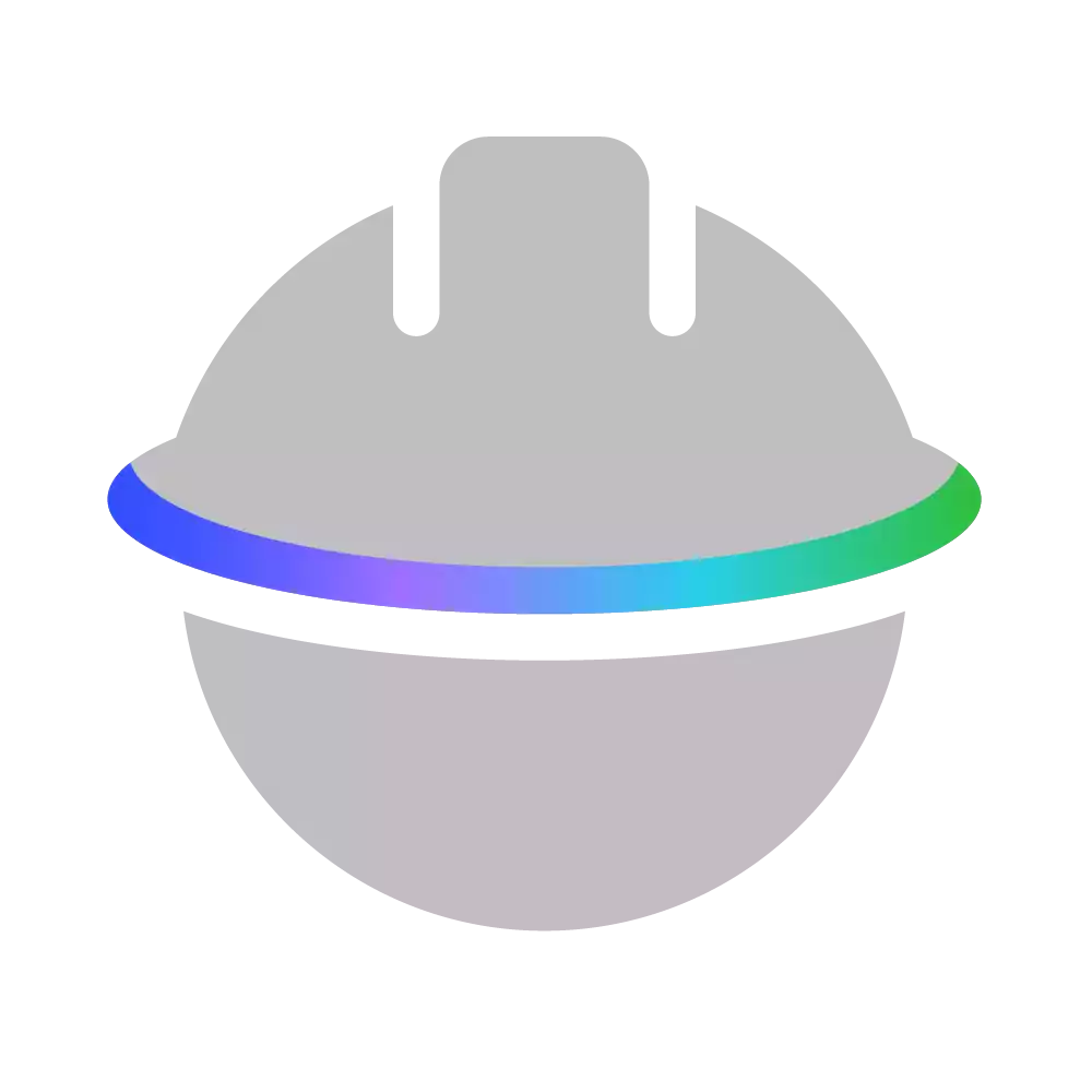 AES Icon for Safety First: grey hard hat image intersected with half-circle of AES colors
